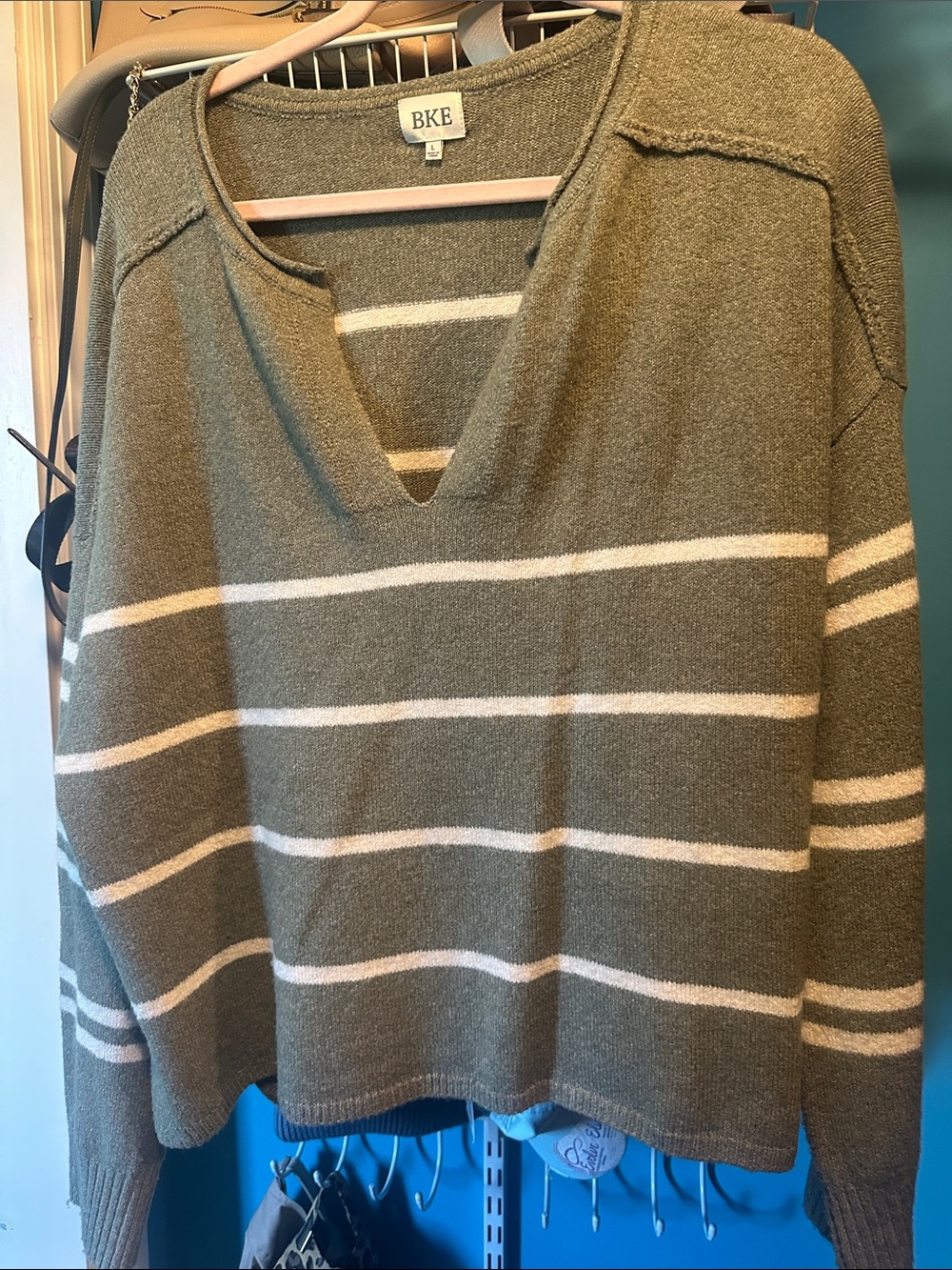 BKE Olive Green & Cream Striped V-Neck Pullover